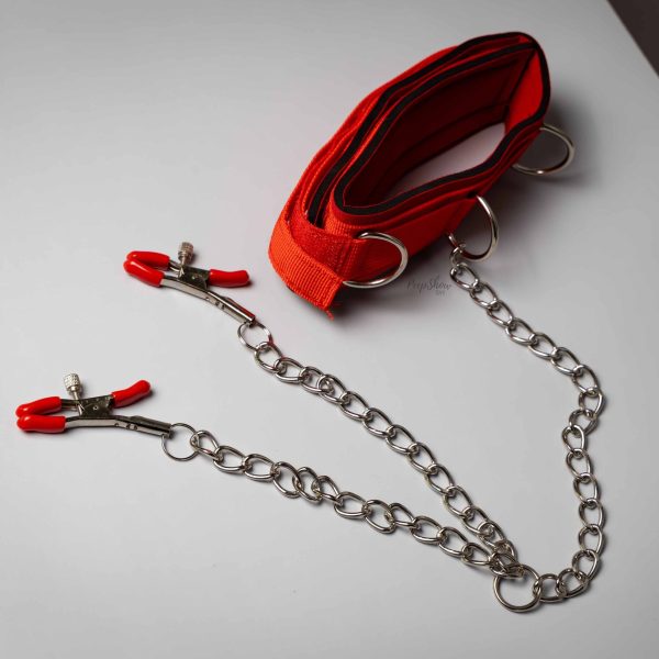 Nipple Clamps & Red Velcro Collar