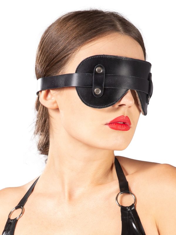 Black Fur Lined Leather Blindfold - One Size