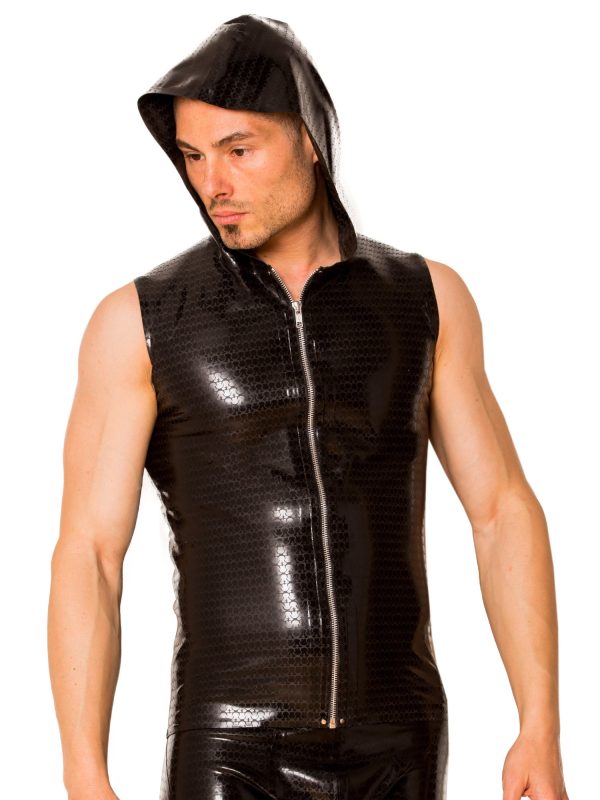 Black Sleeveless Armour Zip Latex Hoody
